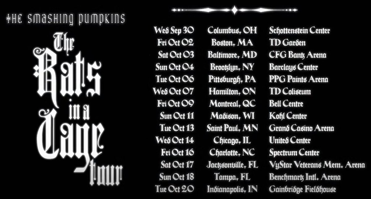 Stereoboard_US's tweet photo. NEW // @SmashingPumpkin have announced The Rats In A Cage Tour of North America for this fall.

The tour will see them play two sets: one celebrating 'Mellon Collie And The Infinite Sadness' and the other their hits.

Get tickets at 10am on May 21 🐀https://t.co/8Jrnximhzu https://t.co/xsvMByCDPm
