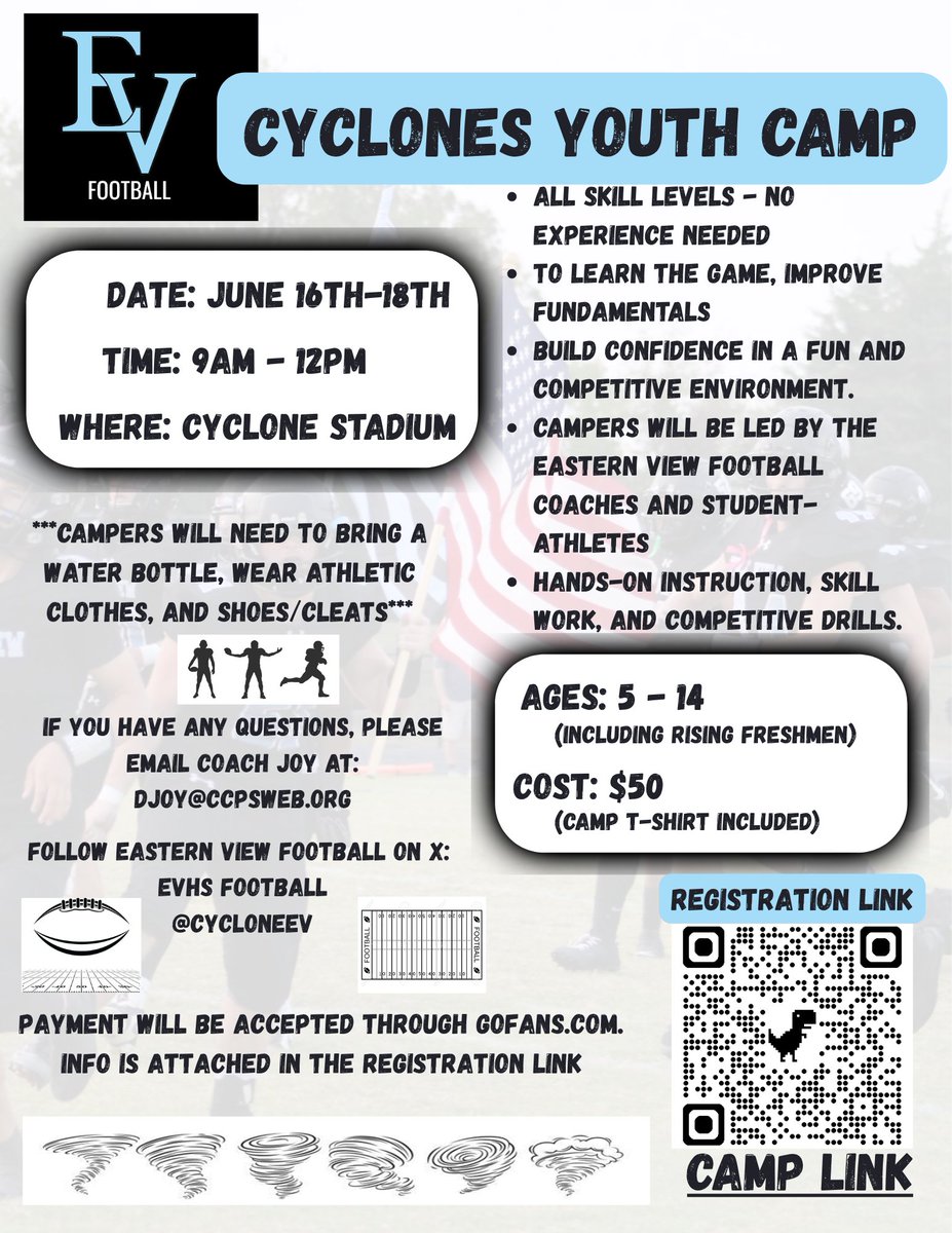 CycloneEV's tweet photo. Eastern View Football Youth Camp 

QR Code below or follow this link:
https://t.co/1GcmKA9qwm

#FEBU https://t.co/LCpj7QPP9t