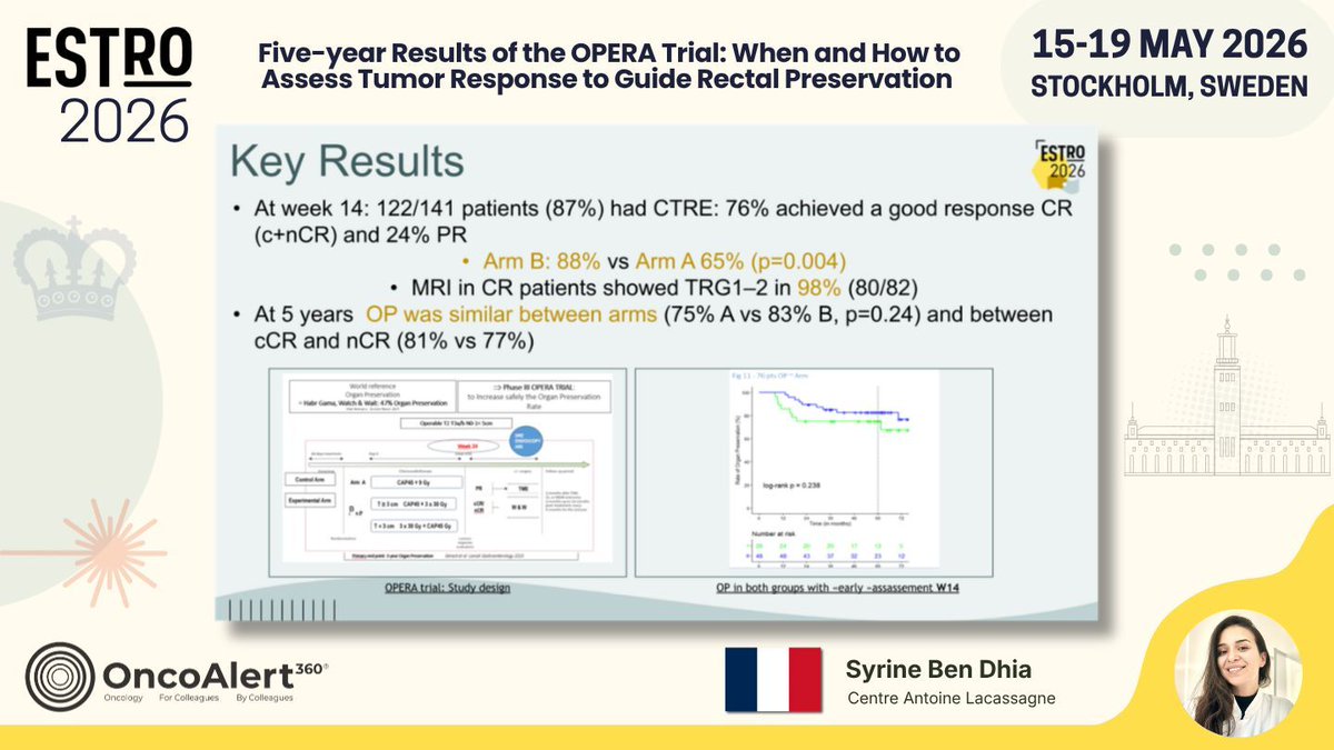 W14 good response: Arm B 88% vs Arm A 65% (p=0.004). 5-yr OP: 75% (A) vs 83% (B), p=0.24; cCR 81% vs nCR 77%.