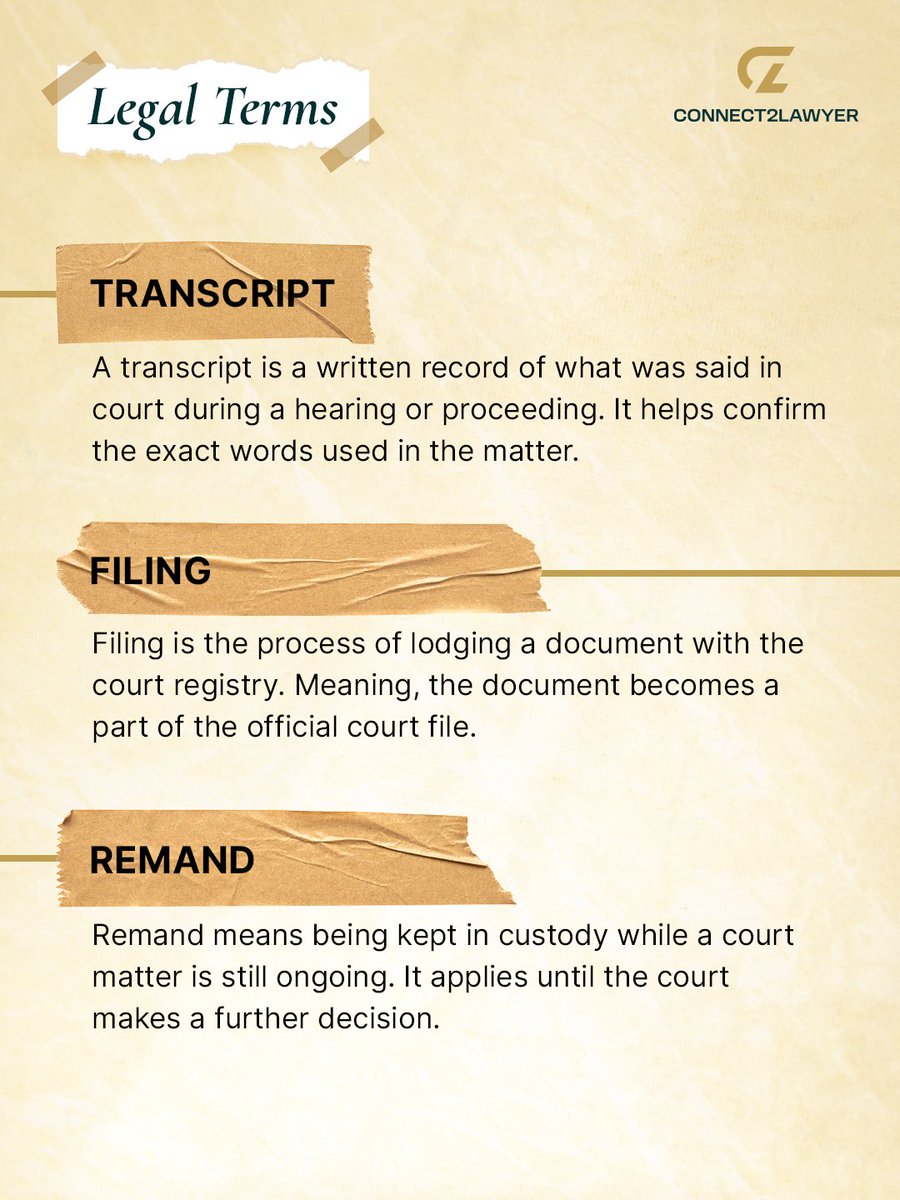 Connect2Lawyer's tweet photo. Decoding Common Legal Terms
Here are three important legal concepts you may come across:

✅Transcript
✅Filing
✅Remand

Understanding the law starts with understanding the terms.

Follow https://t.co/PZK30Bidt7 for more! https://t.co/JEFaaLSifS