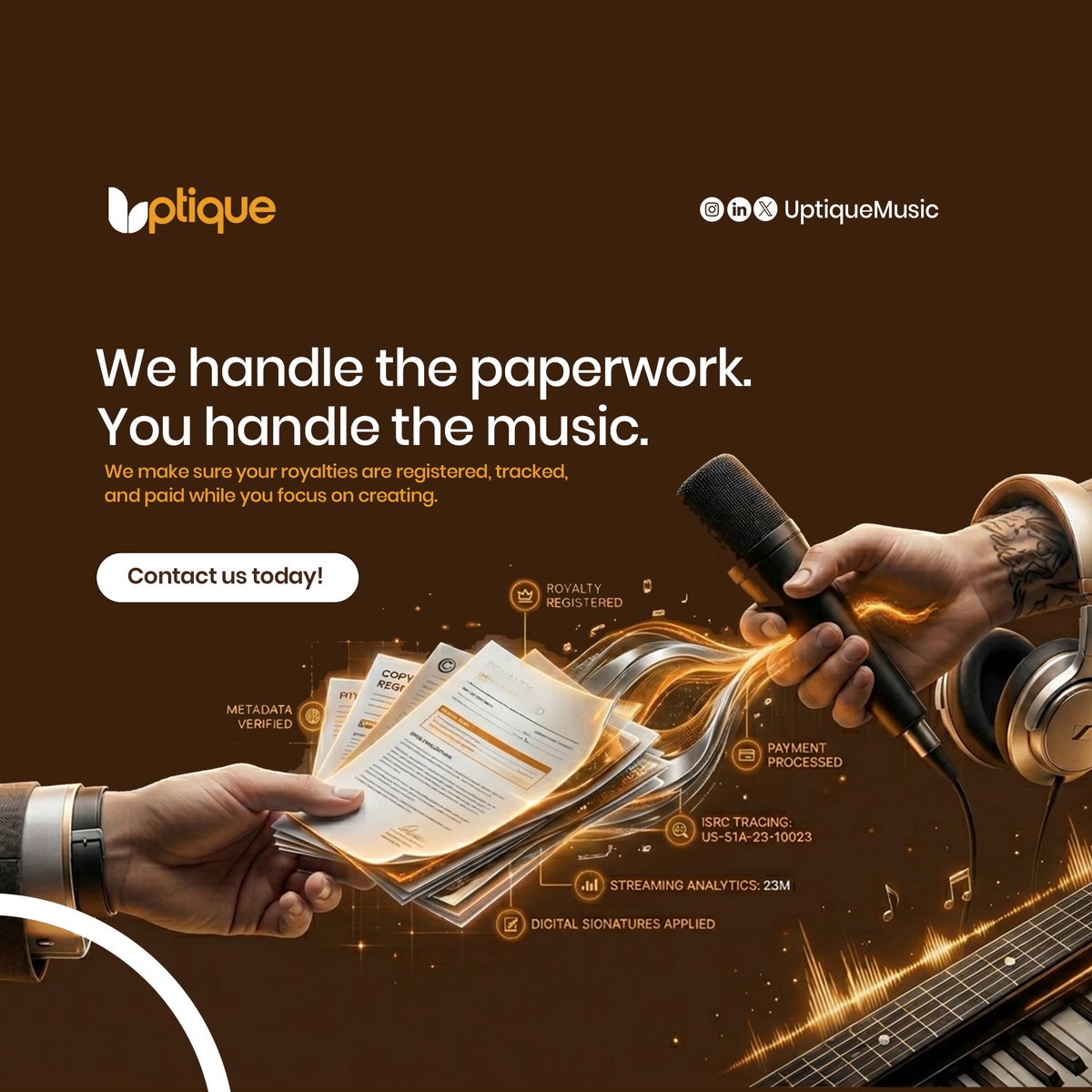 uptiquemusic's tweet photo. Your music should be registered. Your royalties should be tracked. And Your rights protected. That’s what Uptique Music does while you focus on creating. 🎵
📩 DM us or send a mail. https://t.co/rrjn21wWz6
