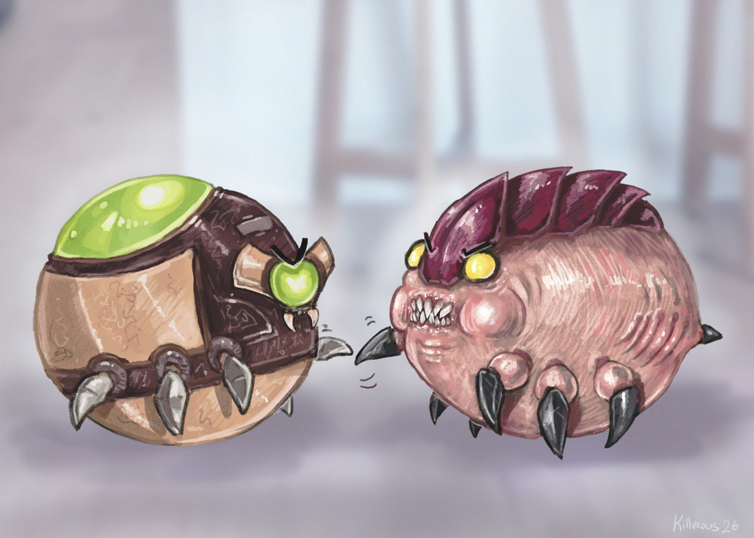 Killveous's tweet photo. Necron Scarab and Tyranid Ripper fight over which is rounder (2.6 million guardsmen were killed in the crossfire) 
#MemeMonday https://t.co/4khVwjamFJ
