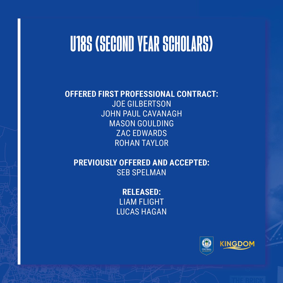LaticsOfficial's tweet photo. 🗒️ We can confirm the Kingdom Wigan Athletic Academy's retained and released list following the conclusion of the 2025/26 campaign...

We would like to thank each departing player for their services and wish them well in their future careers! 

#wafc | @Latics_Academy