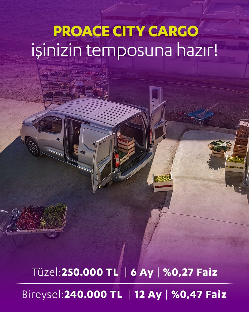 ALJFinans's tweet photo. Geniş yükleme alanı, pratik kullanımı ve konforlu sürüşüyle Toyota Proace City Cargo’ya ALJ Finans kredi fırsatları ile sahip olun!

💼 Tüzel: 250.000 TL | 6 Ay | %0,27 Faiz
👤 Bireysel: 240.000 TL | 12 Ay | %0,47 Faiz

📍 Detaylar için internet sitemizi ziyaret edebilirsiniz. https://t.co/hpCfT2uOFB