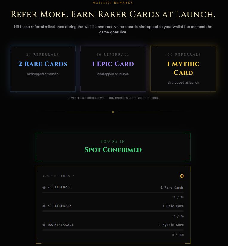 Solborn_arena's tweet photo. Every wallet on the waitlist is already earning.

Refer to the Arena. 

Earn cards before it opens.

25 referrals → 2 Rare cards 
50 referrals → 1 Epic card 
100 referrals → 1 Mythic card

Airdropped onchain the moment the gates unlock:
https://t.co/4RYFf0O5US https://t.co/k5EyWdm0Zr
