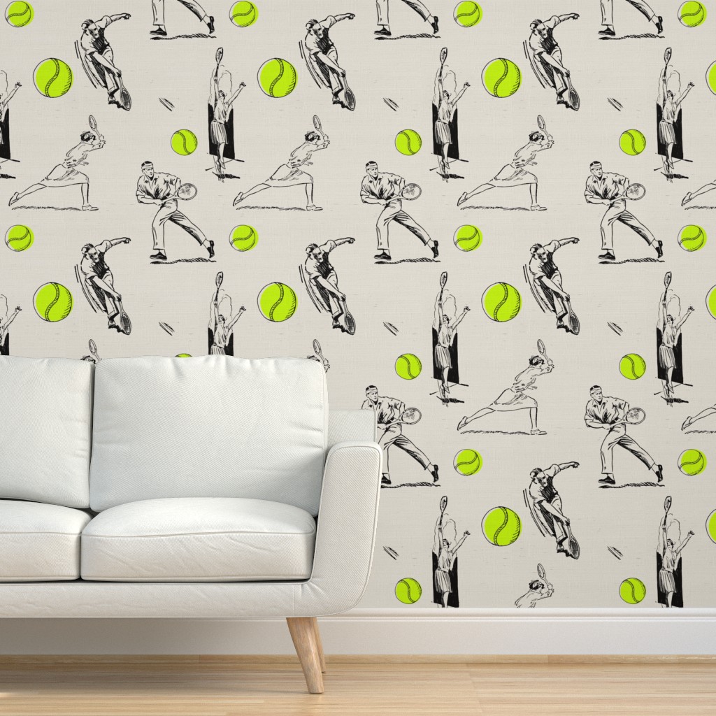 przemilak's tweet photo. Let's play tennis! https://t.co/FeAb1uIexY  Black-and-white illustrations inspired by #vintage graphics, along with colorful #tennis #balls, create a unique design that reflects both elegance and the dynamic movement of the #sport. #wallpaper #homdecor #interiordesign #home https://t.co/gYDqxaJaH9