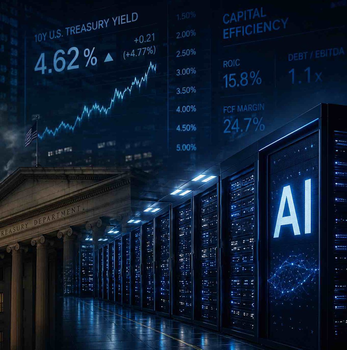 xceleratetrade's tweet photo. One of the biggest shifts happening beneath the surface: capital is starting to care about efficiency again, not just growth stories.

For years, near-zero rates let liquidity drive almost everything. But with structurally higher yields, markets are shifting back toward a world where cash flow, margins, balance sheets and real return on capital actually matter again.

You can already see it underneath: companies missing on profitability are getting punished harder, while businesses showing stronger operating leverage and improving returns are starting to outperform, even across tech and AI.

The playbook is slowly changing. Growth-at-any-cost is giving way to disciplined capital allocation.

That changes how AI, tech, crypto and risk assets get priced long term.

The real question now - which names are actually built for this new regime?