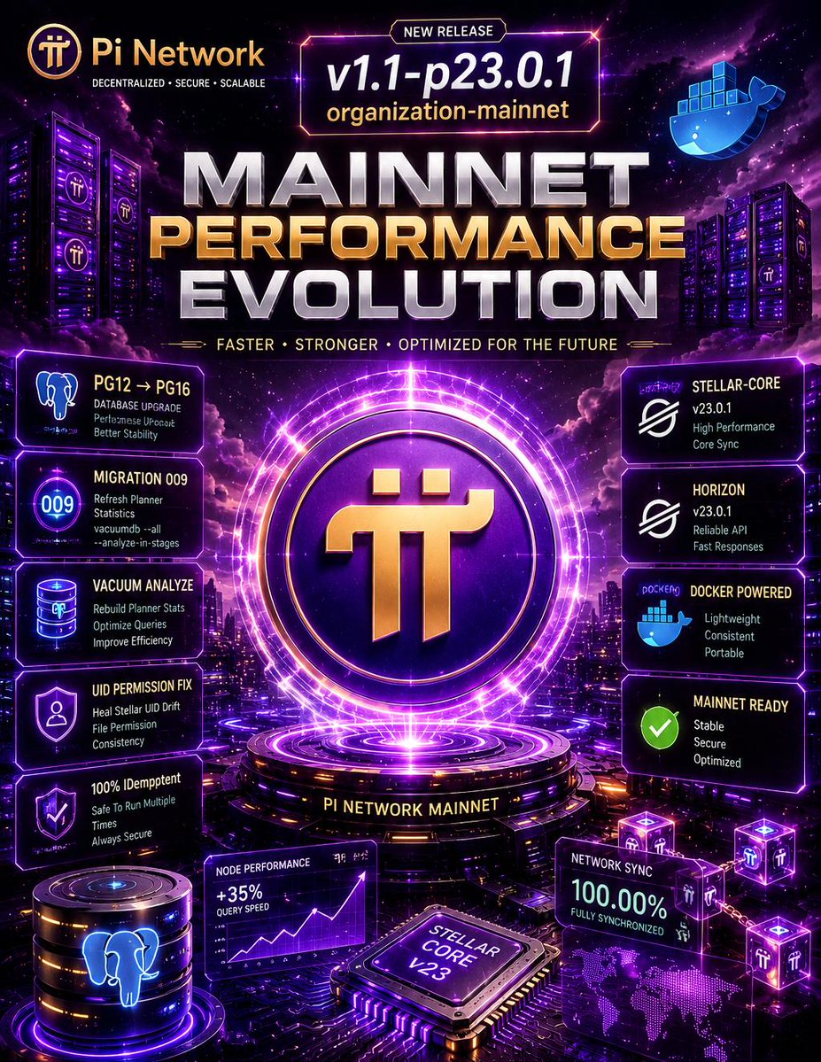 PiHackathon's tweet photo. 🔥 Pi Network Mainnet Upgrade v1.1-p23.0.1 

The future of decentralized infrastructure is becoming faster, smarter, and more powerful than ever. 💜

✅ PostgreSQL 16 Performance Boost
✅ Stellar-Core v23 Optimization
✅ Docker Powered Infrastructure
✅ Improved Node Stability https://t.co/f8uCNX4ekl