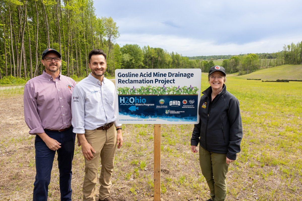 H2Ohio's tweet photo. Earlier this month, H2Ohio celebrated the completion of the Gosline H2Ohio Acid Mine Drainage Reclamation Project. These types of projects create meaningful, long‑term water quality benefits. Learn more: https://t.co/62WUhhztb2. https://t.co/V7vZyrl2x3