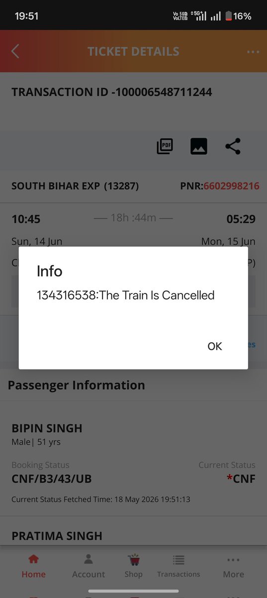sibhumarik's tweet photo. @RailwaySeva @RailMinIndia @secrrly @drmngpsecr
Train No. 13287 South Bihar Express is reported cancelled from 10–16 June, but booking is still open for 11.06.2026. My 14.06.2026 ticket (PNR 6602998216) was cancelled. Kindly confirm whether the train will run on 11.06.2026. https://t.co/tFtMRDAt4B
