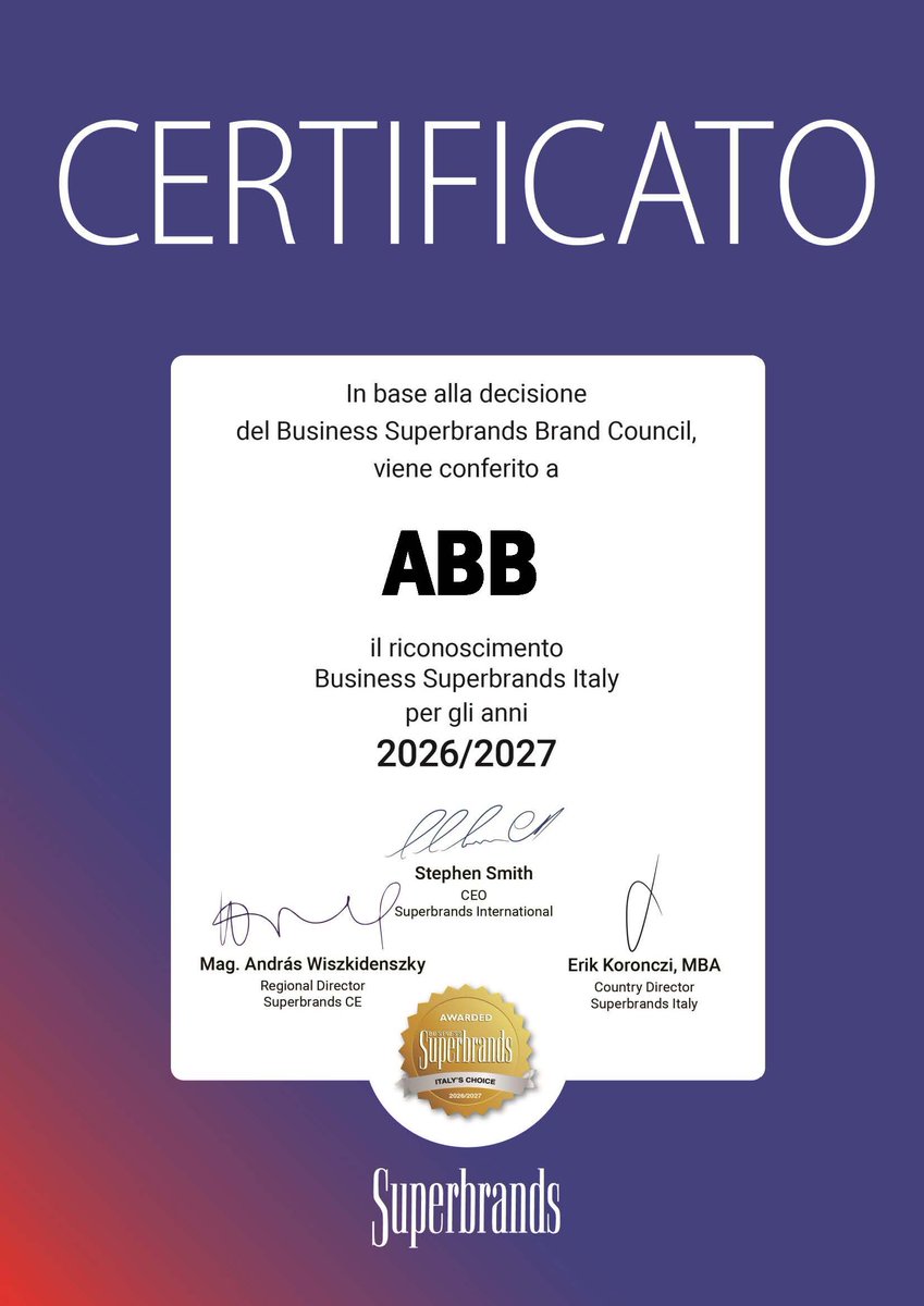 ABBItalia's tweet photo. 🌟#ABB ha ricevuto il riconoscimento #Superbrands da Superbrands Italy, organizzazione indipendente che valorizza i brand distintivi per reputazione, fiducia e coerenza nel tempo.

Un risultato che riflette il contributo quotidiano delle nostre persone, in Italia e nel mondo. https://t.co/qPgcN0aaLX