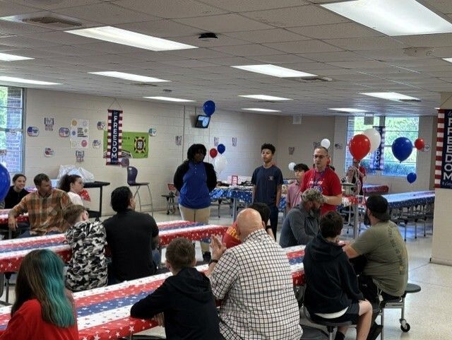 LeeCoSchools's tweet photo. First ever SSJH Veterans Breakfast a huge success! #PurpleUp #MilitaryAppreciation https://t.co/h6eSgHFcqL