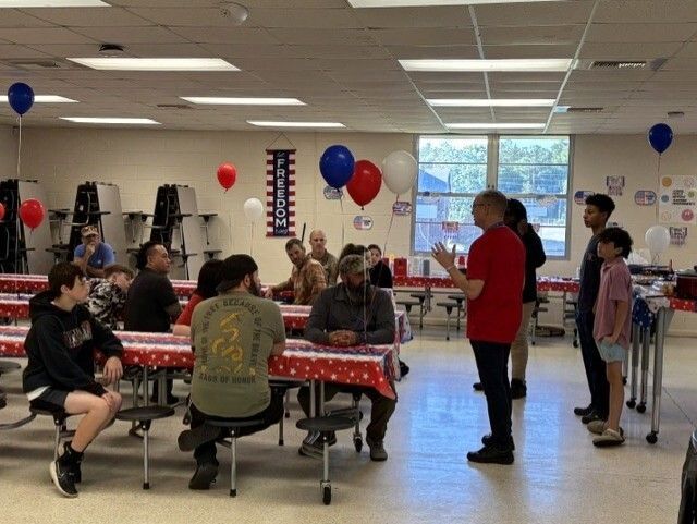 LeeCoSchools's tweet photo. First ever SSJH Veterans Breakfast a huge success! #PurpleUp #MilitaryAppreciation https://t.co/h6eSgHFcqL
