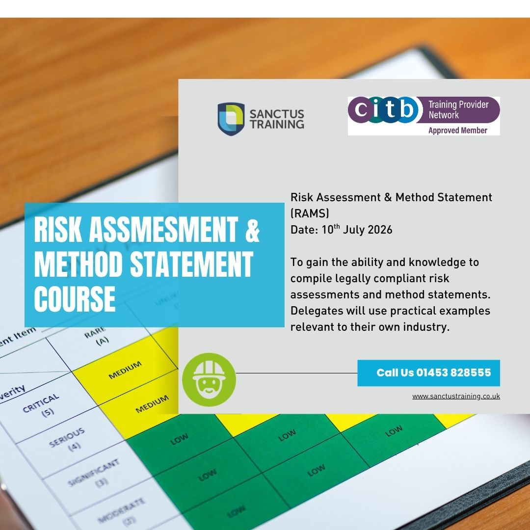 sanctustraining's tweet photo. Risk Assessment &amp; Method Statement course - 10th July 2026 https://t.co/jWRudCb8fI #RAMS #SafetyTraining https://t.co/uj15igfbG3