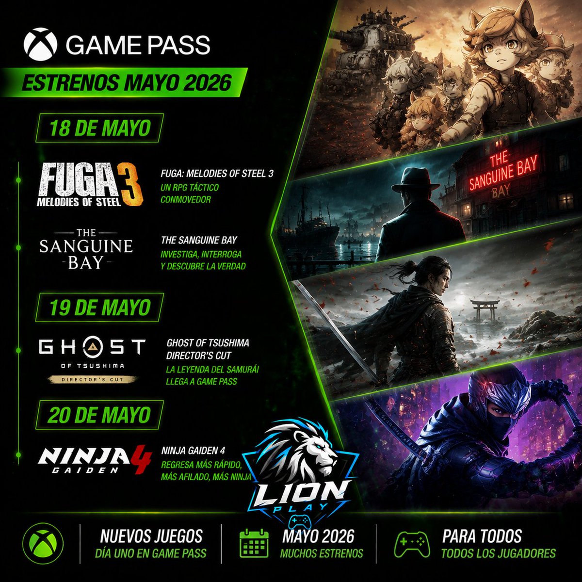 lionstoreve's tweet photo. 🎮 Estrenos Game Pass – Mayo 2026

Los juegos que estabas esperando ya están aquí: aventuras épicas, carreras al límite y exploraciones que te dejarán sin aliento.

✨ 5 mayo – Final Fantasy V (Pixel Remaster)
✨ 6 mayo – Ben 10 Power Trip, Descenders Next (Game Preview), Wheel World, Wildgate, Wuchang: Fallen Feathers
✨ 7 mayo – Mixtape (día uno en Game Pass)
✨ 11 mayo – Outbound
✨ 12 mayo – Black Jacket, Call of the Elder Gods, Elite Dangerous
✨ 14 mayo – Subnautica 2 (Game Preview)
✨ 19 mayo – Forza Horizon 6
💥 Todo el catálogo de mayo en Game Pass, preparado para que explores, juegues y descubras nuevas experiencias.
#GamePass #EstrenosGamePass #JuegosMayo2026 #ForzaHorizon6 #Mixtape #Subnautica2 #FinalFantasyV #LionPlay #Videojuegos #XboxGaming