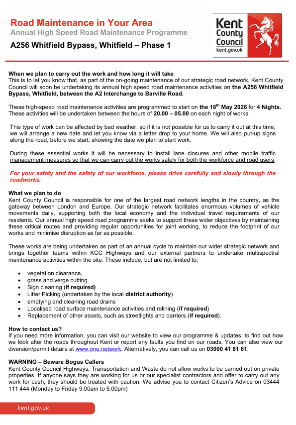 KentHighways's tweet photo. Whitfield, A256 Whitfield Bypass. Overnight lane closures until 22nd May &amp; an overnight road closure in place from 22nd-23rd May for high speed road maintenance works: https://t.co/4PNFlBzlcd https://t.co/KQyzC6ltyJ