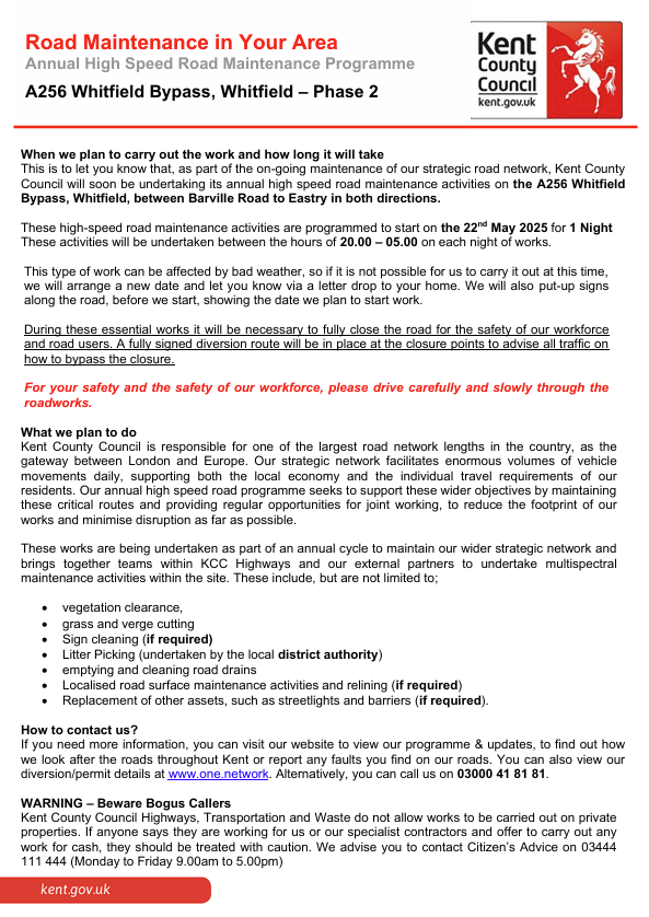 KentHighways's tweet photo. Whitfield, A256 Whitfield Bypass. Overnight lane closures until 22nd May &amp; an overnight road closure in place from 22nd-23rd May for high speed road maintenance works: https://t.co/4PNFlBzlcd https://t.co/KQyzC6ltyJ