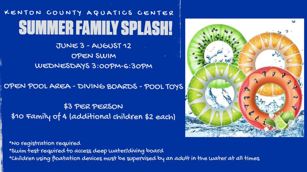 county_kenton's tweet photo. Family Splash will be held on Weds June 3-Aug 12 , 3-6:30pm. Bring the family &amp; enjoy open swim time!! https://t.co/J0rImle3iN