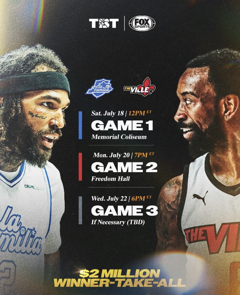 35KYSportsMedia's tweet photo. 🚨 BREAKING 🚨

The Ville is back. Louisville alumni are heading to TBT 2026 in a best-of-3 series against Kentucky’s La Familia and $2 MILLION is on the line.

Led by Russ Smith, Edgar Sosa & Malik Williams, The Ville opens at Memorial Coliseum on July 18, then brings it home to Freedom Hall on July 20. Last time these two met, 13,506 packed Freedom Hall the most attended game in TBT history. Louisville lost that one 70-61. They want revenge.

📅 Game 1 – Sat. July 18 | 12PM ET (FOX) – Memorial Coliseum
📅 Game 2 – Mon. July 20 | 7PM ET (FS1) – Freedom Hall
📅 Game 3 – Wed. July 22 | 6PM ET (FS1) – If Necessary

Russ said it best: “We are out for retribution. Bring it on.” 🔴⚫️
Tickets at https://t.co/kCmowPoTi6