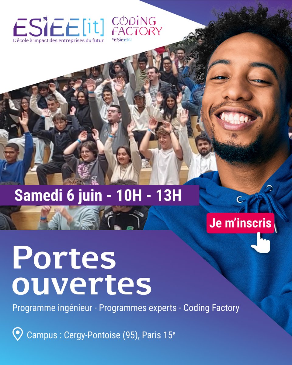 esiee_it's tweet photo. 🚀 Journée Portes Ouvertes ESIEE-IT

📅 6 juin – 10h à 13h
📍 Pontoise &amp; Paris 15e

💻 informatique
🛡️ cybersécurité
🤖 IA &amp; robotique

👉 Inscription : https://t.co/U41t5YrTXN

#ESIEEIT #JPO #Orientation #Tech https://t.co/IVUSRpw5mT