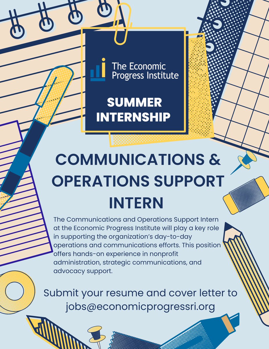EconProgressRI's tweet photo. EPI is hiring two summer interns!

We’re looking for a Comms &amp; Operations Support Intern and a Policy &amp; Research Intern to support work that expands economic opportunity for low- and modest-income RIers.
Interested? Send your resume and cover letter to jobs@economicprogressri.org https://t.co/JjaHyX1xU5
