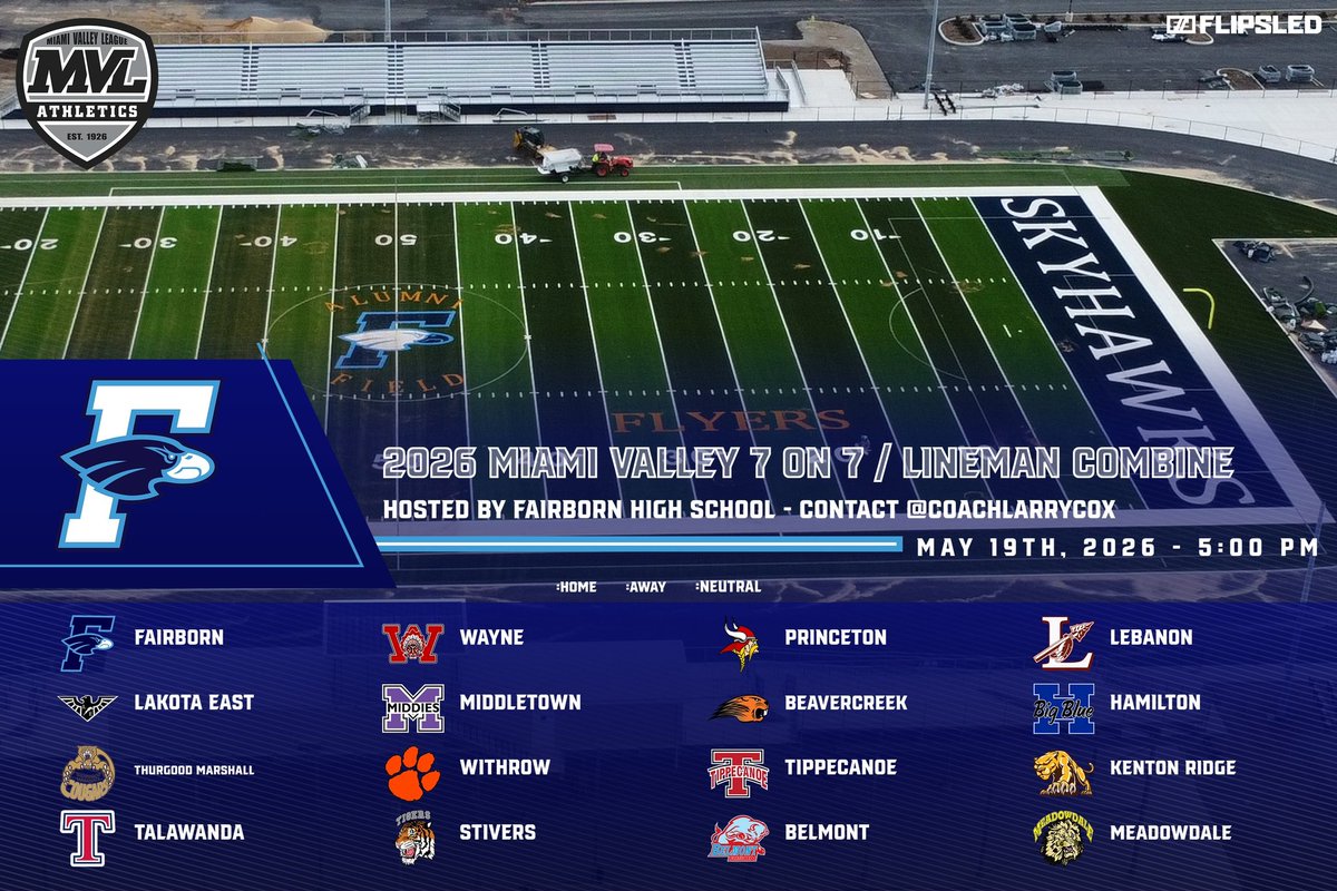 CoachLarryCox's tweet photo. College coaches, you want to see big time talent all in one location? Be @FairbornHS on Tuesday May 19th. You won’t regret this one. Look at the schools attending. @NCAAFootball @NAIAFBALL https://t.co/8qLbRrx1yi