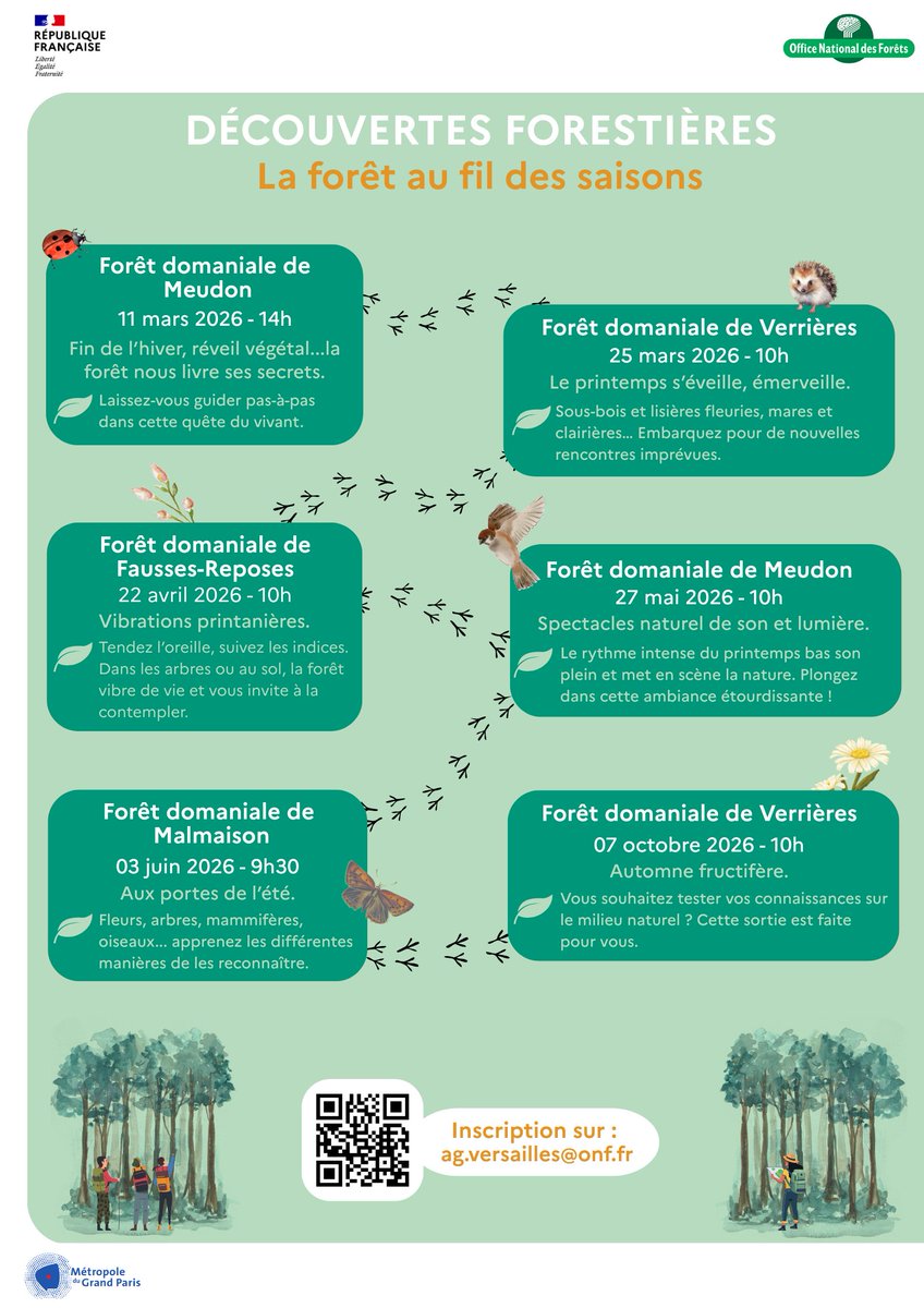 ffrandonneeIDF's tweet photo. 🌳 Découvrir la forêt au fil des saisons 🌿

@ONF_Officiel et la Métropole du Grand Paris proposent des balades forestières gratuites dans les Hauts-de-Seine. 

📍 Prochaine sortie le 27 mai en forêt de Meudon ✨
✉️ Inscription : ag.versailles@onf.fr

👉https://t.co/rkU8y6p5HA https://t.co/iI42FJjVtj