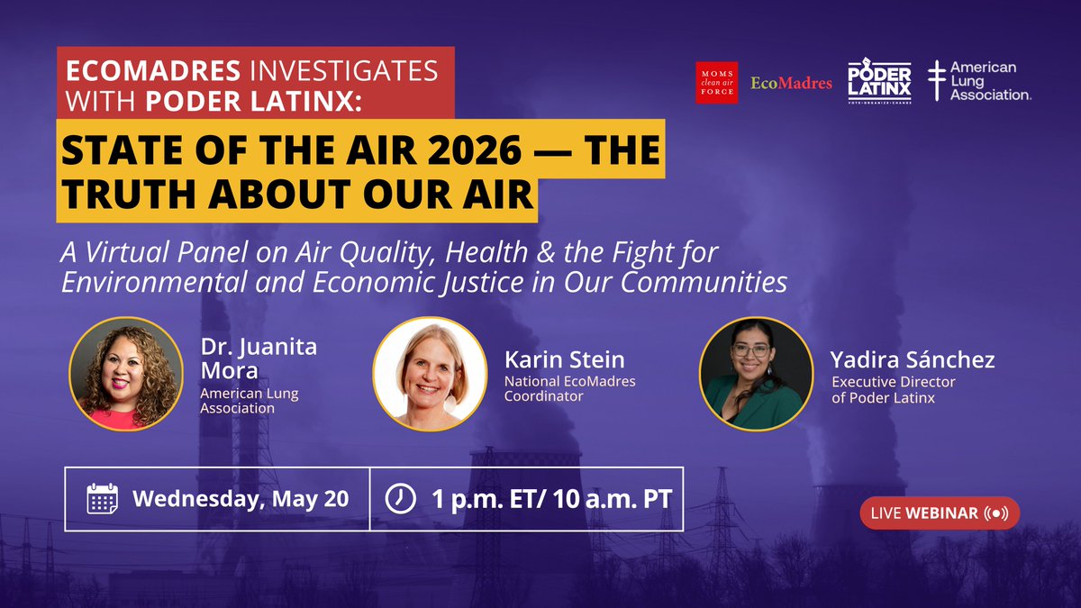 ecomadres_'s tweet photo. 152M people in the U.S. live in areas failing basic air quality standards — and Latino families are 3x more likely to be in those zones. 

Join @EcoMadres, @PoderLatinx &amp; @LungAssociation LIVE in Spanish this Wednesday, May 20 at 1pm ET.

🔗 https://t.co/m3G7SqlZLd https://t.co/DIMHrBSjYj