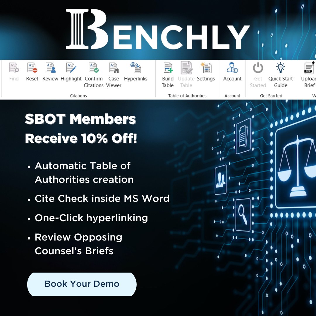 statebaroftexas's tweet photo. Benchly software allows you to spend more time doing high-value work related to winning cases instead of monotonous tasks that could be expedited using Benchly’s technology. 

SBOT members save 10% with code TEXASBAR!
https://t.co/hg1nEu3cAy

#MemberBenefitMonday #Ad #Sponsored https://t.co/C2CgjF7Y37