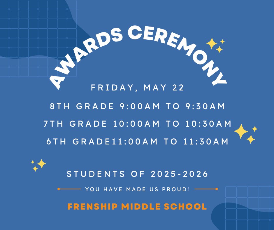 FrenshipMS's tweet photo. Join us as we celebrate the hard work, dedication, and accomplishments of our students at this year’s FMS Awards Ceremony!
🗓 Ceremony Schedule:
✨ 8th Grade: 9:00 – 9:30 AM
✨ 7th Grade: 10:00 – 10:30 AM
✨ 6th Grade: 11:00 – 11:30 AM https://t.co/o6l8eVaZcD