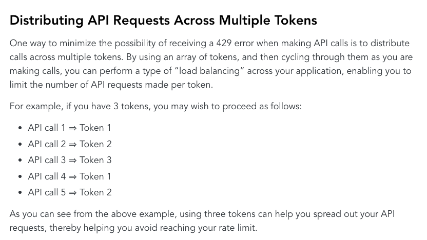 jpaylor's tweet photo. If your API has a leaky bucket rate limit, presumably that's there to prevent apps placing too much load at once.

Why then advise developers to just circumvent that limit by distributing their requests across multiple tokens?

Seems very odd to me @getrecharge https://t.co/bnX90hKsFV