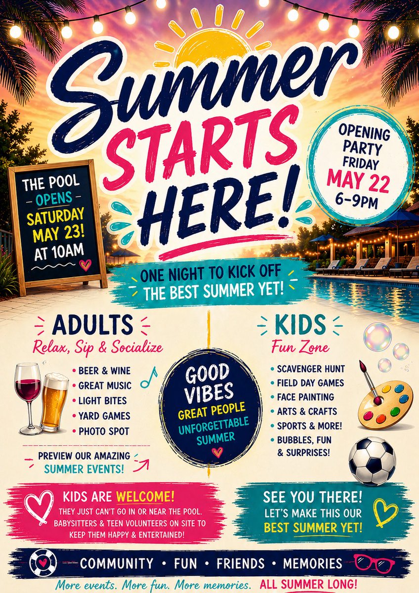 FHpool's tweet photo. It’s time to kick off the best summer yet! The opening party is May 22nd from 6-9 pm!!! Come get together and celebrate the pool opening! Lots of fun activities for everyone!! Can’t wait to see everyone there! #FHSCSummer #FHSCEvents https://t.co/oN8w6Uqgc6