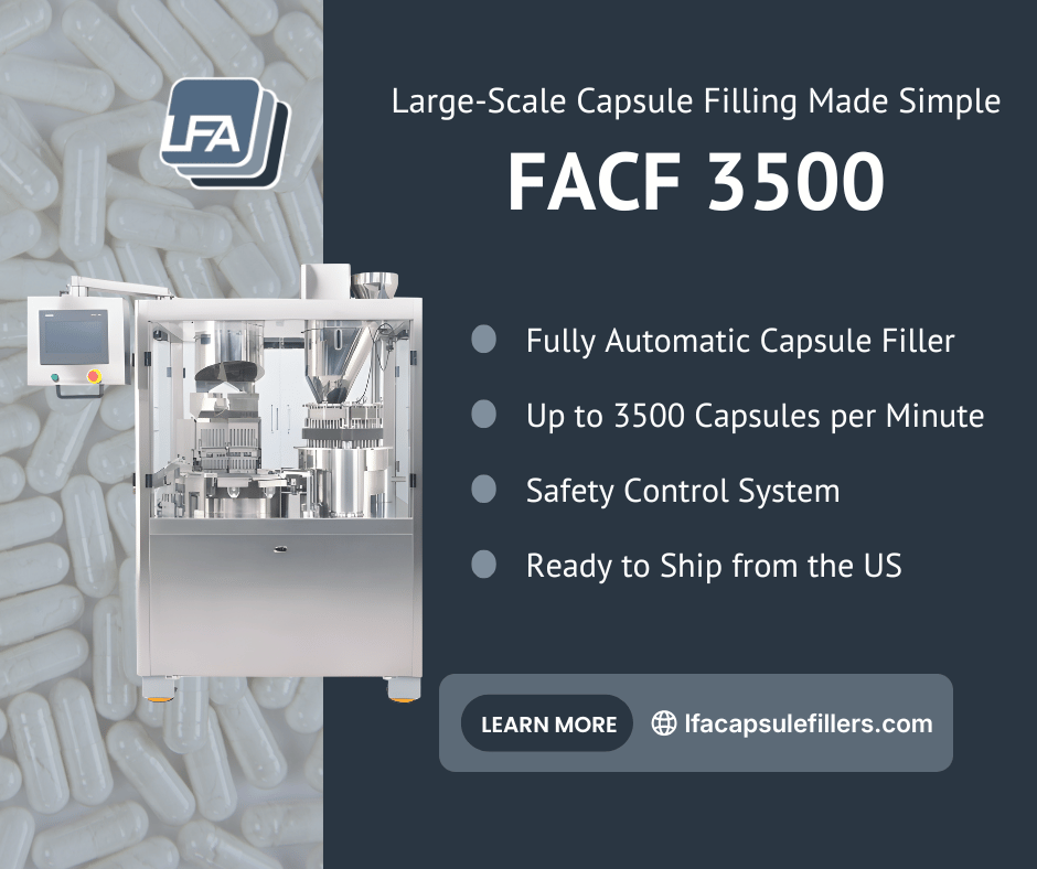 LFA_Machines's tweet photo. Need capsule filling equipment fast?

The FACF 3500 Fully Automatic Capsule Filler is in stock and ready to ship from the U.S., with output up to 3,500 capsules per minute.

https://t.co/nkI83mEa64 https://t.co/w0qUUEzusV