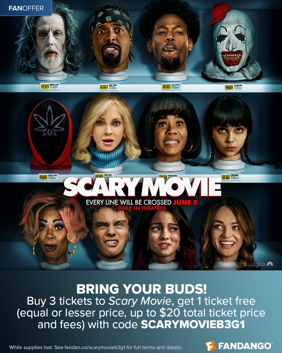 Fandango's tweet photo. Right now when you buy 3 tickets to #ScaryMovie6, you can get 1 ticket free (equal or lesser price, up to $20 total ticket price and fees) with code SCARYMOVIEB3G1. See full terms at the link below - https://t.co/8l54kupZlw https://t.co/SAY40oxQJO