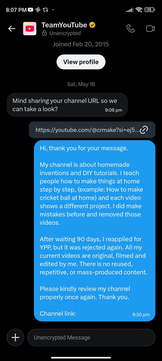 Deepak4w7n's tweet photo. @TeamYouTube It’s been 2 days since I replied to your DM, but there has been no response yet. Please kindly check my case. My channel is original DIY tutorial content, and I’m really waiting for your help. I feel hopeless now 🙏😭 https://t.co/MHkXSjXDZQ