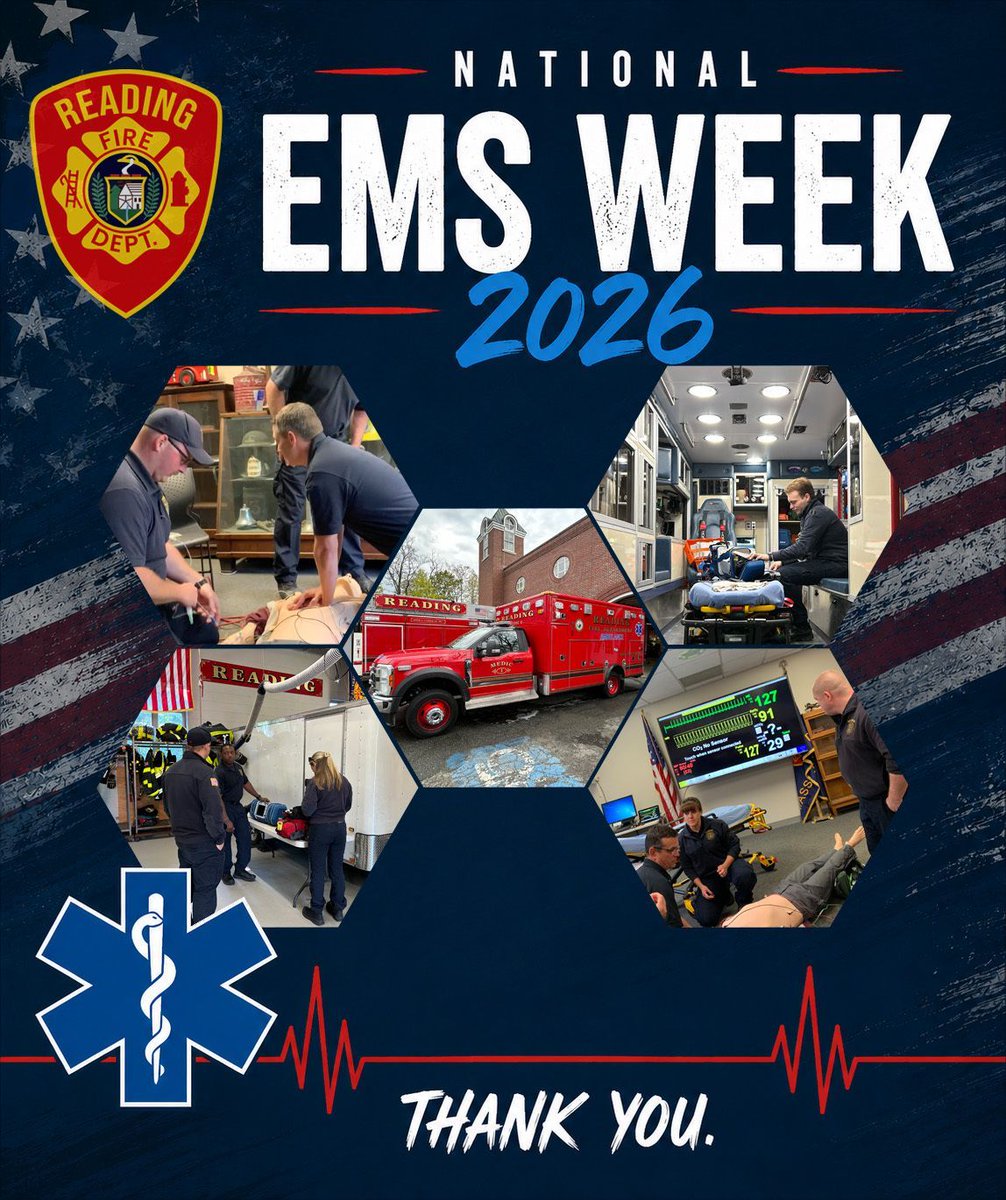 Readingfire's tweet photo. It's National EMS Week! All of our apparatus carry ambulance-level advanced life support equipment, so every member of our organization is an EMS provider. Currently 45 of our 47 members are paramedics! Join us in honoring our crews and the exceptional care they deliver. #EMSWeek https://t.co/UpQlNeX1eV