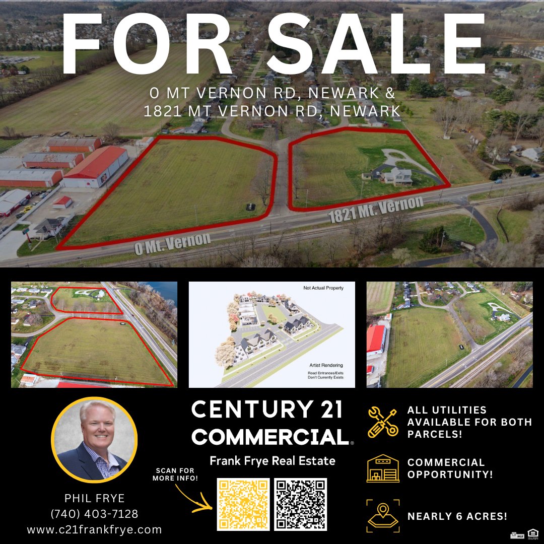 RealtorPhilFrye's tweet photo. 👀CHECK OUT THIS COMMERCIAL OPPORTUNITY
🚗 ODOT says 14,552 vehicles pass by this commercial opportunity daily!

🛠️All utilities are available for both parcels! 
🏢Possible uses may include: banks, office buildings, medical offices, restaurants, assisted living facility, and more!

📍1821 Mt Vernon Rd, Newark
✨2.7 acres with a 3 bedroom home & a barn!
🛣️296 ft of road frontage!
➡️200 amp electrical service & updated wiring in home!

📍0 Mt Vernon Rd, Newark
✨3.13 acres of land!
🛣️335 ft of road frontage!
➡️2 sewer taps!

Click here for a 3D tour:
https://t.co/vnif4mmZdR

Click here to view the property on our company website:
📍0 Mt Vernon Rd, Newark
https://t.co/BOV4DZHPA1
📍1821 Mt Vernon Rd, Newark
https://t.co/nPtpa7P7cd

#c21frankfryerealestate #century21frankfrye #century21 #C21 #therealestateguy #realestate #realtor #realestateagent #newarkohio #heathohio #granvilleohio #centralohio #lickingcounty #ohio #commercialland #commercialforsale #forsale #commercialopprotunity #endlesspossibilities
