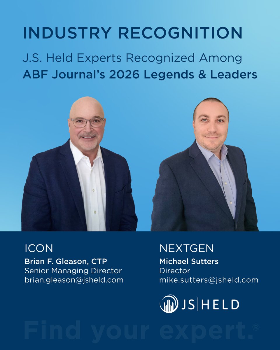 JS_Held's tweet photo. @ABFJournal has recognized J.S. Held experts Brian F. Gleason, CTP, and Michael Sutters as 2026 “Legends & Leaders” for their outstanding contributions to the specialty finance industry.

• Brian Gleason, selected as an industry “Icon,” is a trusted advisor across multiple market cycles, known for his sound judgment, perspective, and steady leadership in helping lenders, investors, and companies address complex financial and operational challenges.

• Michael Sutters, named a “NextGen” leader, is recognized for his ability to translate complexity into clear, actionable strategies – enabling clients to move from uncertainty to execution with confidence.

Collectively, Brian and Michael reflect J.S. Held’s commitment to supporting debtors, creditors, counsel, investors, and boards of directors to deliver thoughtful, results-driven solutions in high-stakes situations.

Learn more about their recognition and expertise at: https://t.co/Duyqys3ygH