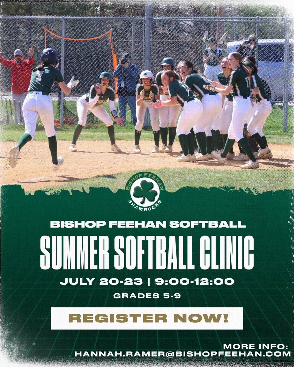 Feehan_Softball's tweet photo. Join us July 20-23 from 9AM-12PM for four days of softball, skill development, competition, and FUN! Open to players entering grades 5-9. Come work with Feehan Softball players, coaches, and alumni! https://t.co/eP1fsBaLim