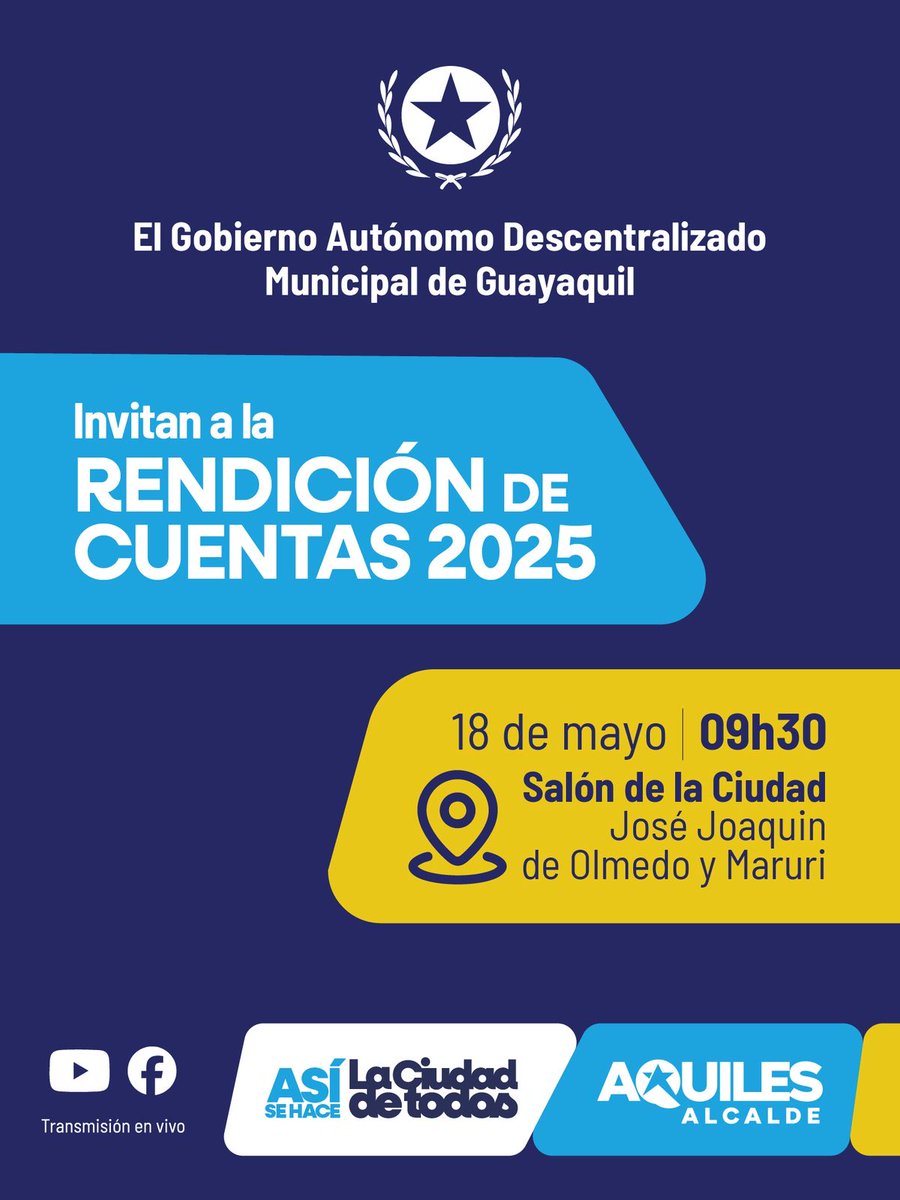 alcaldiagye's tweet photo. La Muy Ilustre Municipalidad de Guayaquil invita a la ciudadanía a la Rendición de Cuentas 2025, un espacio de transparencia, participación y compromiso con la ciudad.

📅 18 de mayo
📍 Salón de la Ciudad, Palacio Municipal.

▶️ Síguelo en vivo:

🔴 YouTube:
https://t.co/vKyAeegSjR
🔵 Facebook:
https://t.co/b7B26JmJxu

#AsiSeHaceGuayaquil
#CiudadDeTodos
#GuayaquilNoSeDetiene