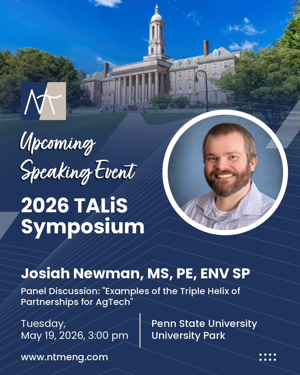 ntmeng's tweet photo. Sr. Engineer Josiah Newman will be participating in a panel discussion tomorrow, May 19, 2026, on "Examples of the Triple Helix of Partnerships for AgTech" at the TALiS Symposium, hosted by @agsciences. Read more here: https://t.co/b45QwElZoE https://t.co/HkmLjWL011