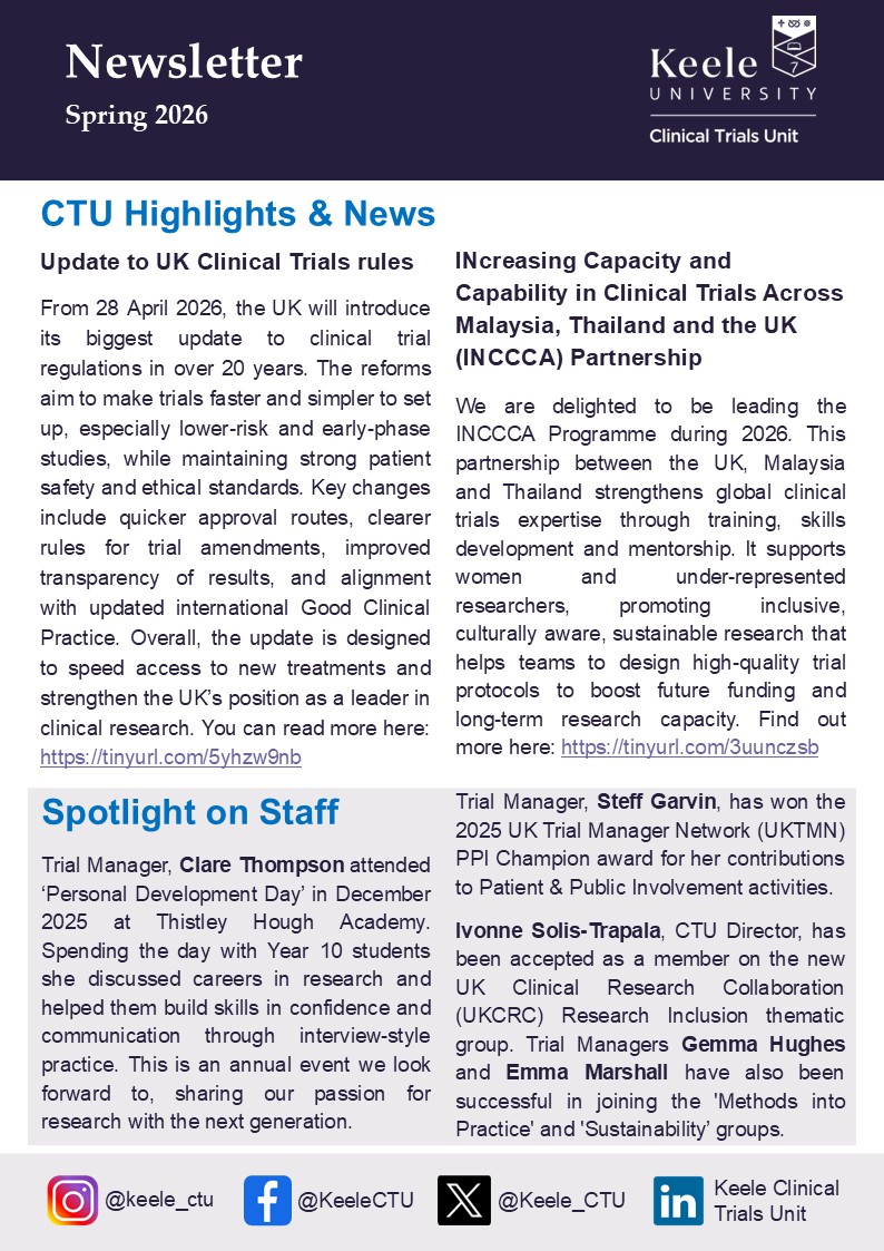 Keele_CTU's tweet photo. 📣Our brand new CTU Newsletter has dropped! Packed with updates from across our amazing research and trial teams!
📩Don’t miss what’s happening across Keele CTU - Sign up here: https://t.co/5CH1FmzpxP
#keelectu #clinicaltrials #newsletter #research https://t.co/VbLLogSOhh