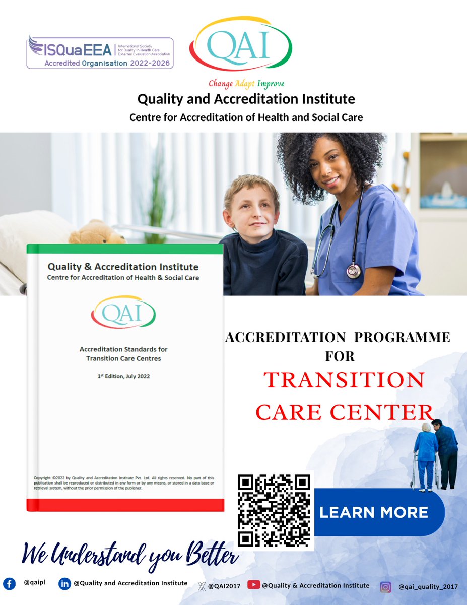 QAI2017's tweet photo. Elevating the benchmarks of patient recovery. QAI's Centre for Accreditation of Health and Social Care brings you the Accreditation Programme for Transition Care Centers.
Scan the QR code to explore the 1st Edition standards and give your patients the quality care they deserve. https://t.co/g3V3fPP48w