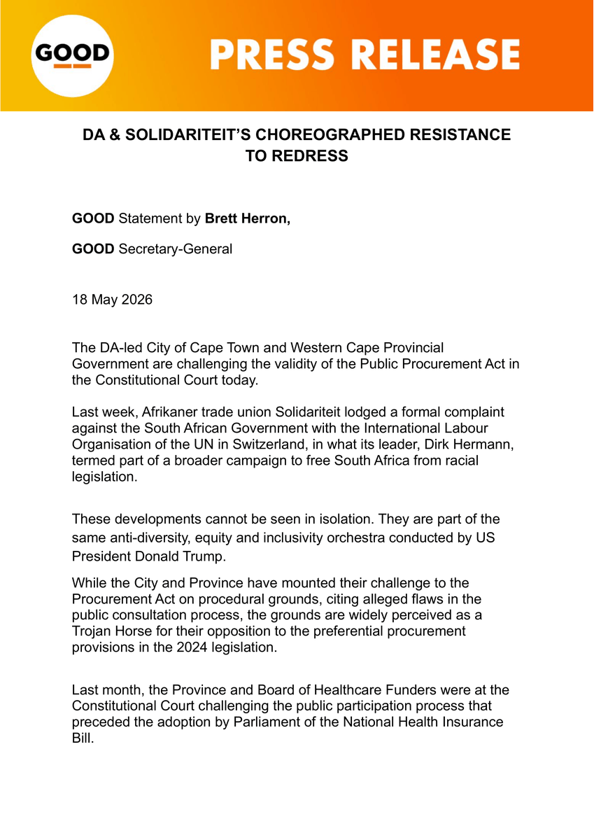 ForGoodZA's tweet photo. Today the DA-led City of Cape Town and Western Cape Government are in the Constitutional Court, challenging the Public Procurement Act. Last week, Solidariteit ran to the UN to oppose racial redress.

Different stages, same playbook: resisting diversity, equity and inclusion, at taxpayers’ expense. We cannot afford to re-litigate apartheid’s impacts while millions still wait for justice.

#GOODParty #Justice