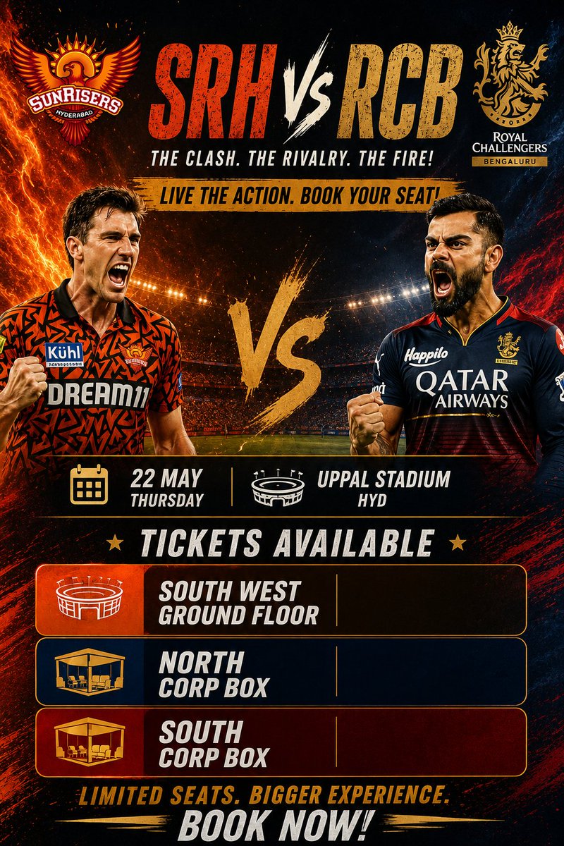 Sathwik_Duddeda's tweet photo. #SRHvsRCB 
CORP Box also available 
DM me at https://t.co/ZwmqsKE1gF
#srh #ipltickets #srhtickets  #rcb #viratkohli #ipl #tataipl #corpbox https://t.co/mULTRaAJC1