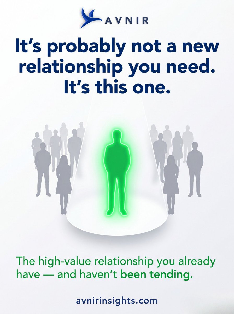 OfficialAvnir's tweet photo. You probably don't need a new relationship. You need to re-engage the right existing one.

Think of your most underinvested multiplier relationship. When was the last real deposit?

What kind of deposit are you making this week? Drop it below 👇 

#RelationshipIntelligence https://t.co/eWOqi5z4PI