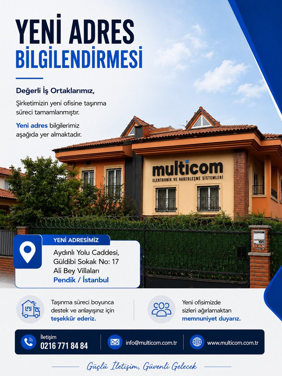 multicom_ltd's tweet photo. 📍 Yeni Adresimizde Hizmet Vermeye Devam Ediyoruz
📍 Aydınlı Yolu Caddesi, Güldibi Sokak No:17
Ali Bey Villaları – Pendik / İstanbul
📞 0216 771 84 84
🌐 https://t.co/H0RWuHXq6I
#Multicom #YeniAdres #Pendik #TelsizSistemleri #HaberleşmeSistemleri #ZayıfAkım #KritikHaberleşme https://t.co/sBt6uRk3WC