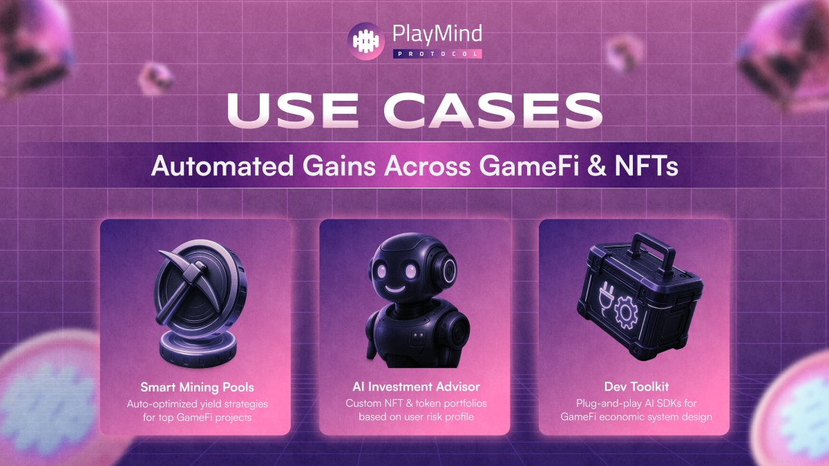 PlayMindFinance's tweet photo. 🎮 Automated Gains Across GameFi &amp; NFTs

⚡️ Smart Mining + Auto-optimized yields for top projects
🤖 AI Advisor — Custom portfolios based on your risk
🔧 Dev Toolkit — Plug-and-play AI SDKs for GameFi economies

One protocol. Endless possibilities.

#PlayMind #GameFi #AI https://t.co/E1pYe43yc2