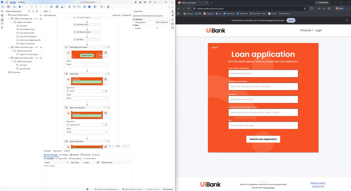 utanesuke_papa's tweet photo. UiPath for Coding Agents で、UI操作を含むRPA作成も自動生成できました。

Codex (VSCode) から以下の指示のみを与えて生成し、Studioで問題なく動作するXAMLファイルが作成されています。

オブジェクトレポジトリへの登録もCodexからStudio Desktopを起動して自身で登録し、
それを基にXAMLを自動生成しています。
-----------------------
# 目的
UiBank のローン申し込みを自動的に行う。
申し込みのためのパラメータは適切と思われる値（氏名や金額など）を生成して投入する。

# 手順
1. URLを開く https://t.co/dGYvvRPNlX
2. Appry for a Loan をクリック
3. 各項目に必要な入力データを投入
4. Submitする
5. 遷移後の画面から APR と Loan ID を取得する
6. 入力内容と結果の各項目をテキストファイルとして保存する
-----------------------
