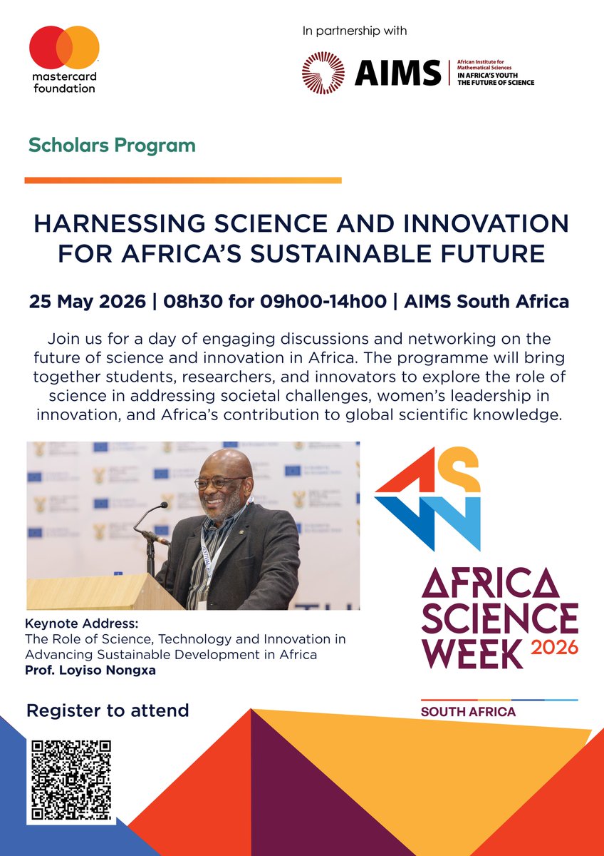 AIMSacza's tweet photo. STEM student or researcher in Cape Town/Stellenbosch?
Join us 25 May 2026 at @AIMSacza for bold conversations on science, innovation &amp; Africa’s sustainable future. Free transport (UCT, UWC, SU) to Muizenberg | ⏰ 08h30–14h00. Limited spaces — register now https://t.co/uuyet66gmU https://t.co/JGQkU5p4Pm